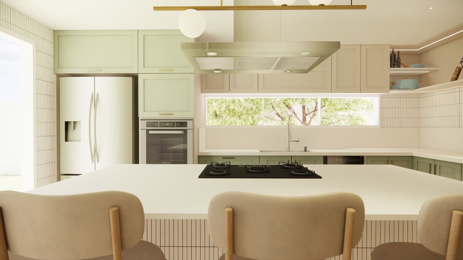 Ilha com cooktop e banquetas diante da bancada com janela
