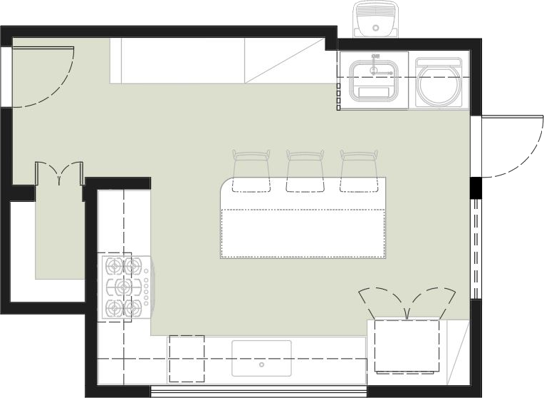 Planta do projeto: cozinha aberta com ilha central e lavanderia integrada