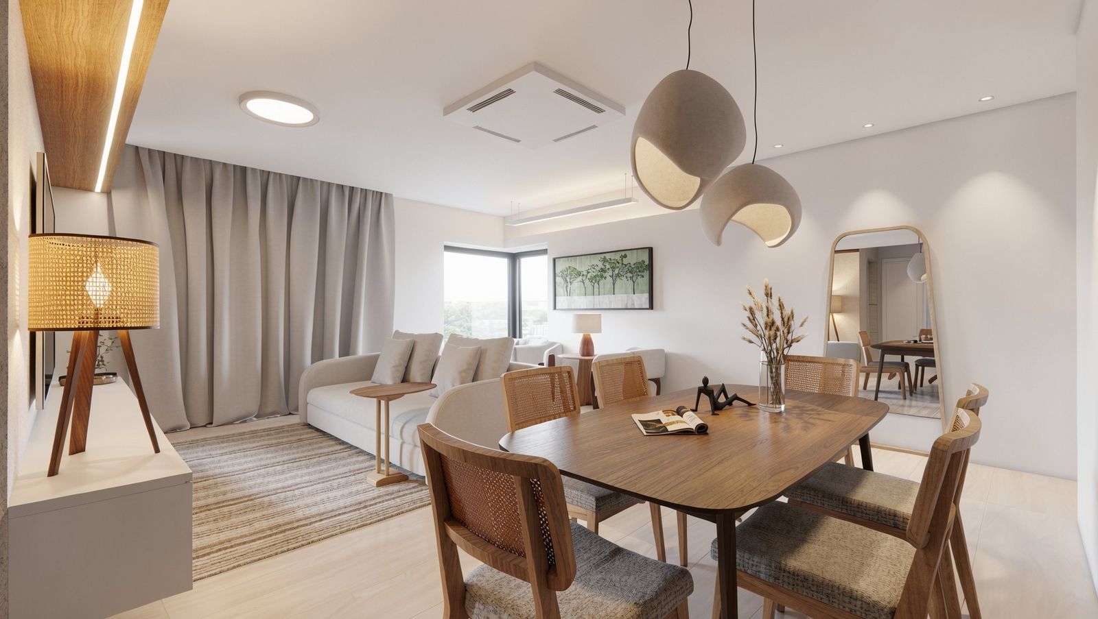 Sala de jantar com mesa de madeira, cadeiras de palhinha e pendentes orgânicos, integrada ao estar