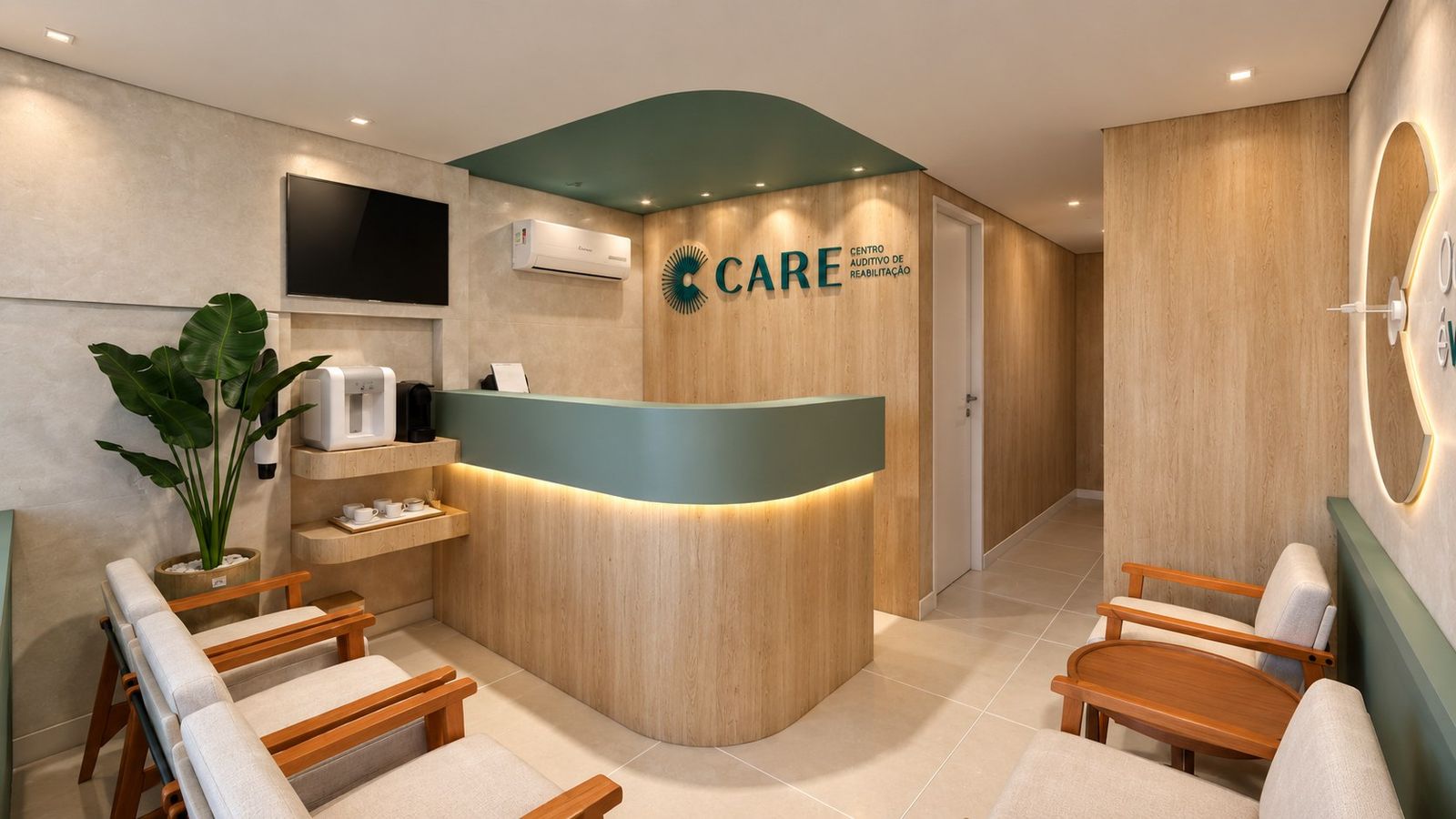 Recepção do CARE: balcão curvo em madeira e verde e poltronas de espera