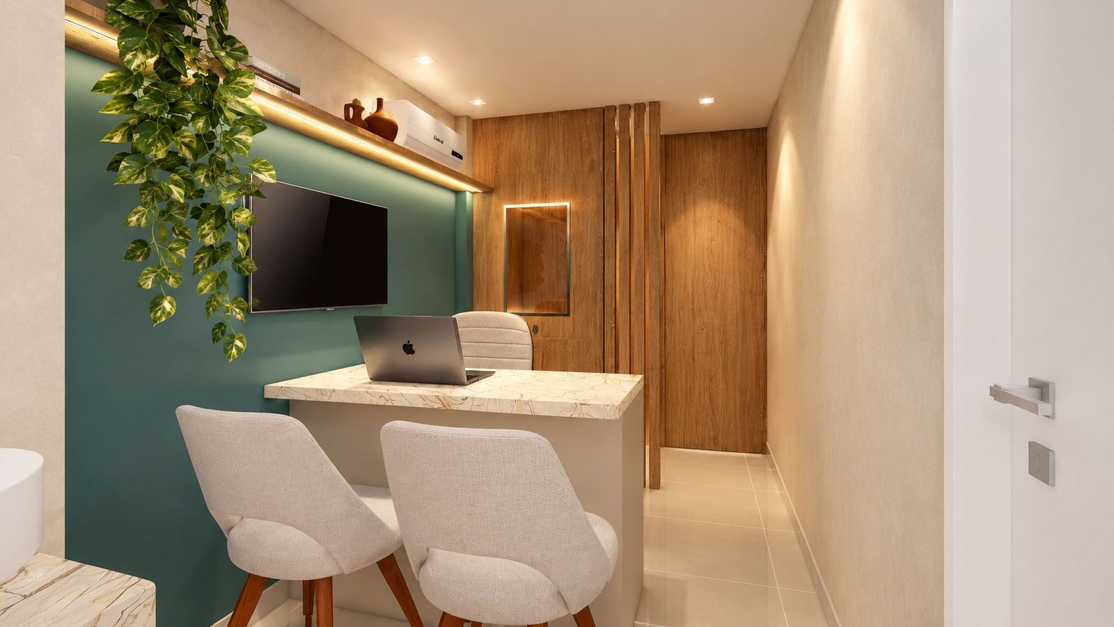Sala de atendimento com parede verde, mesa em pedra e cabine audiométrica em madeira