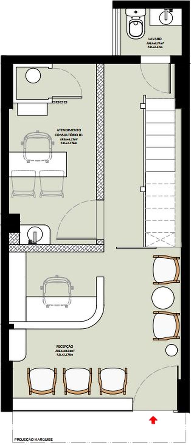 Planta do térreo: recepção, sala de atendimento, escada e lavabo
