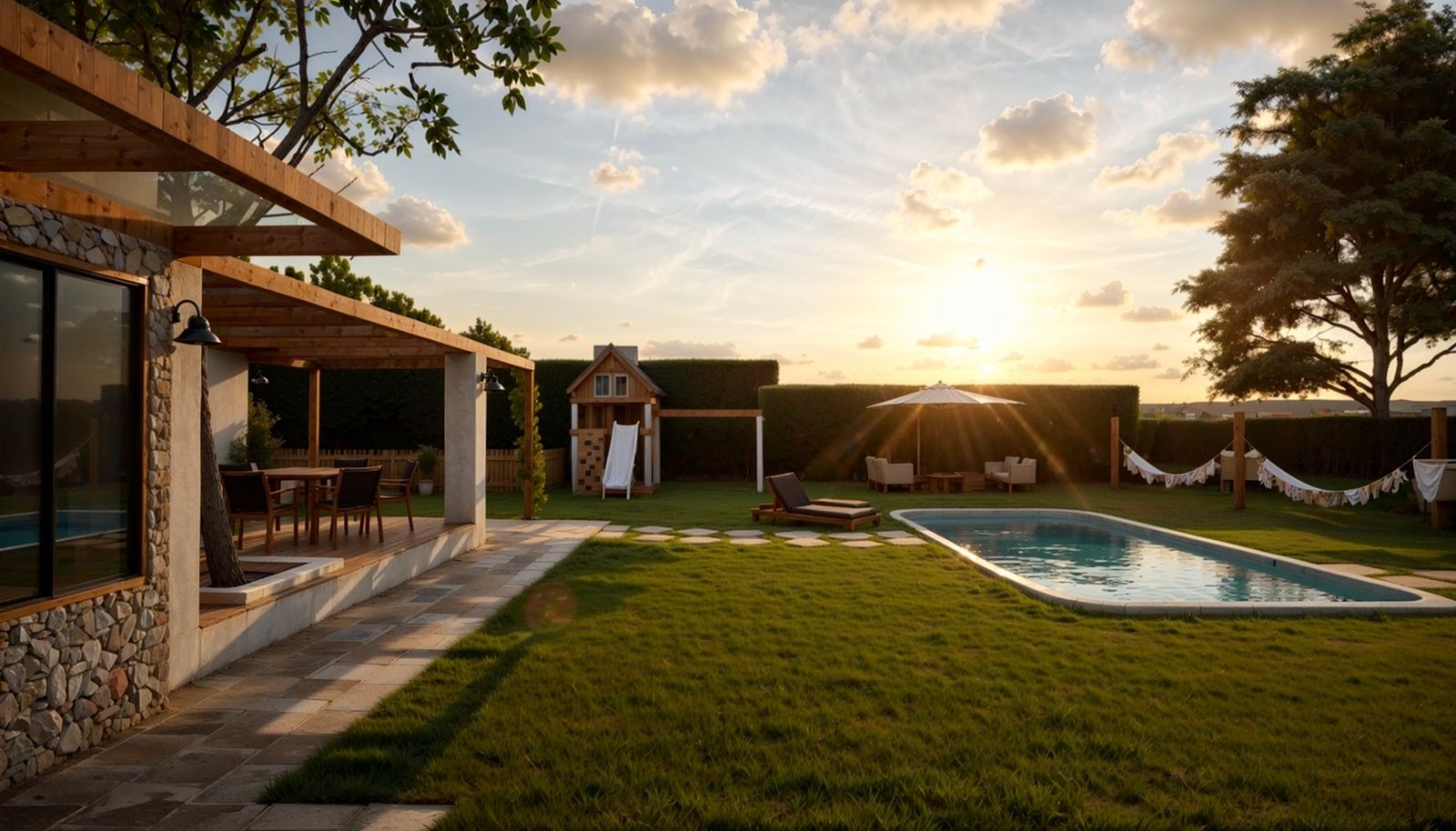 Jardim ao pôr do sol com piscina, espreguiçadeiras e área de relaxamento