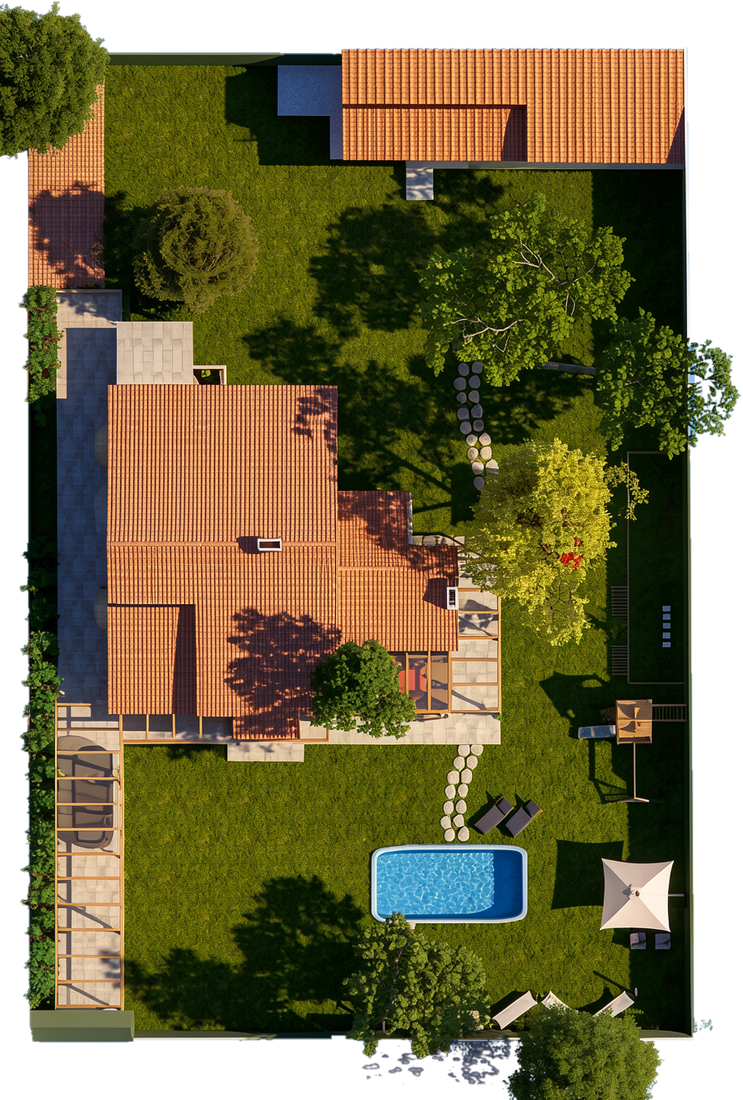 Implantação vista de cima: casa, jardim, piscina, parquinho e área de relaxamento